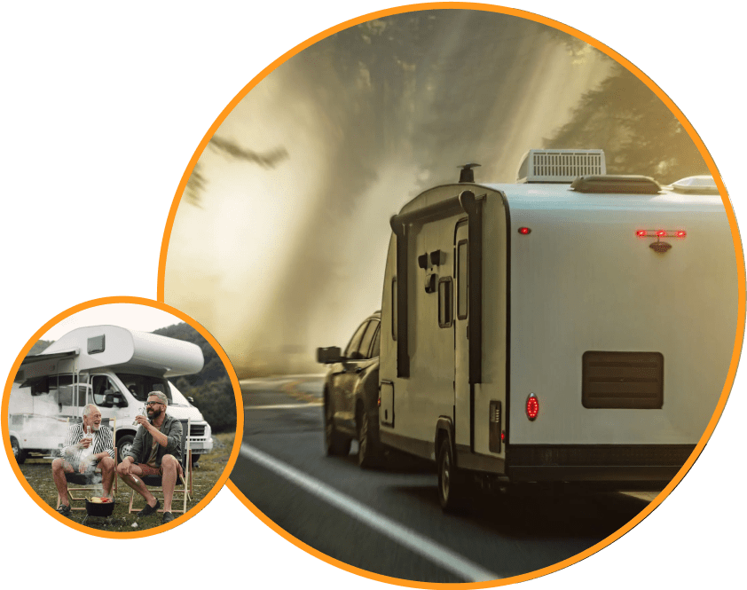 2 images in circles with a car towing a caravan and two men sitting in front of a motorhome